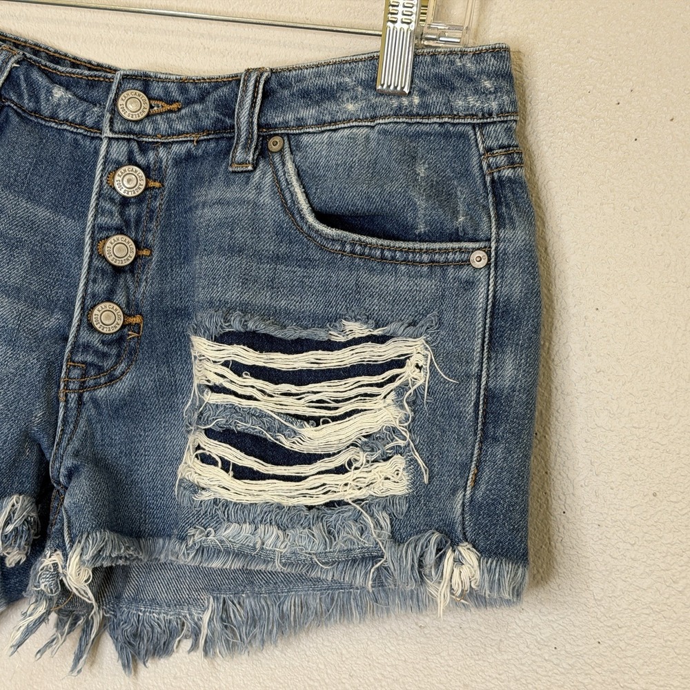 KanCan Jean Shortie Shorts Womens Size Medium Wash Distressed Denim Button Fly - Picture 2 of 7